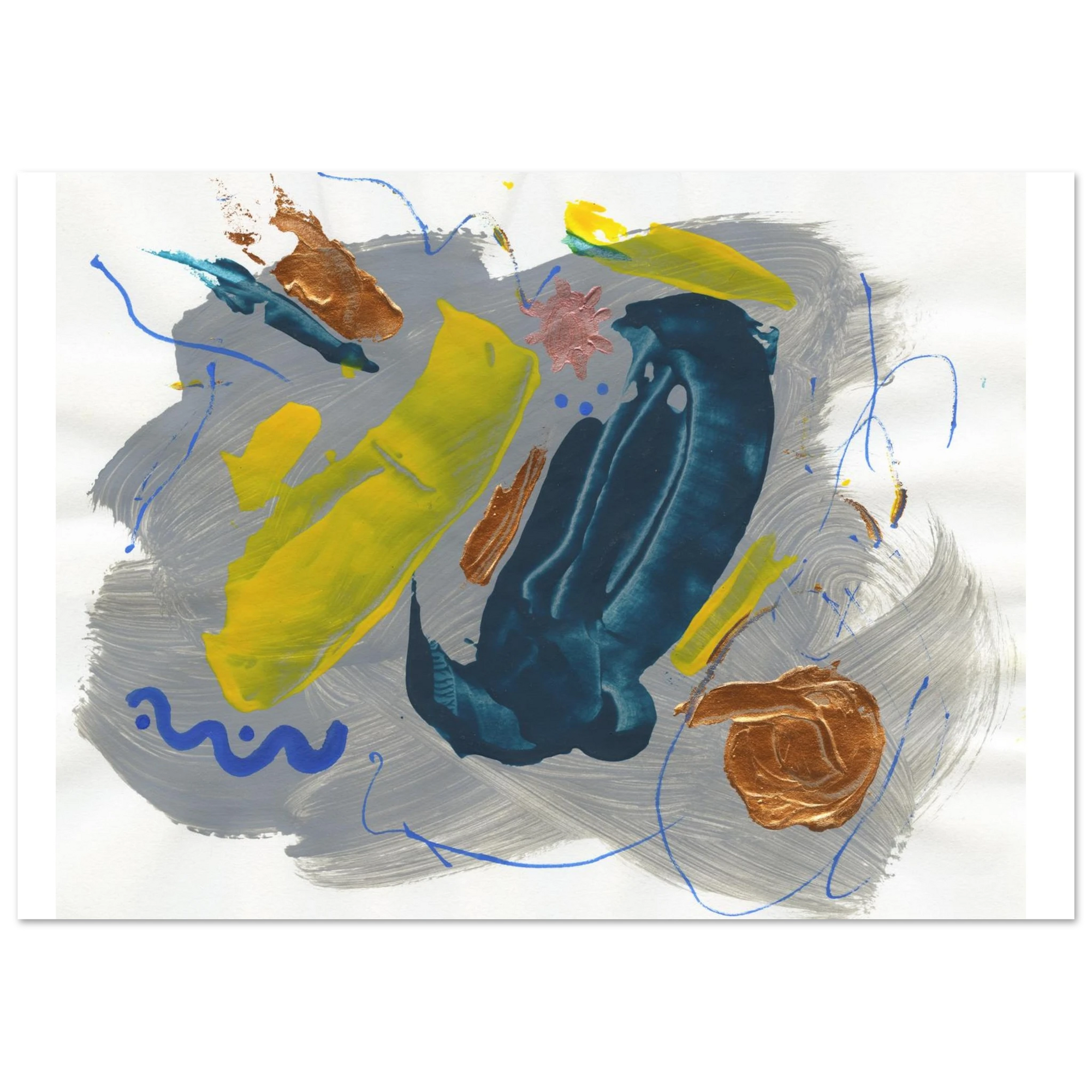 Abstract artwork with a white background and grey, copper, yellow, blue brushstrokes and line work