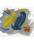 Abstract artwork with a white background and grey, copper, yellow, blue brushstrokes and line work