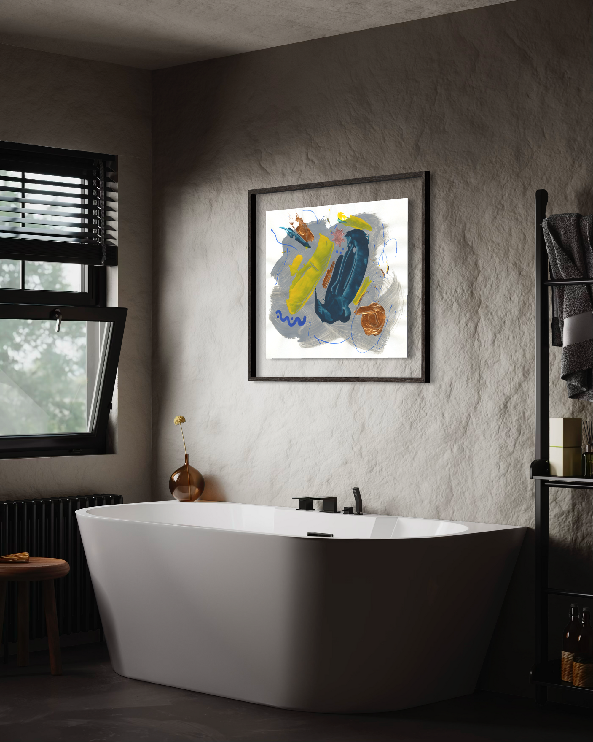 Bathroom setting with large white tub, concrete gray walls with an open window on the side and a colorful abstract painting above the tub