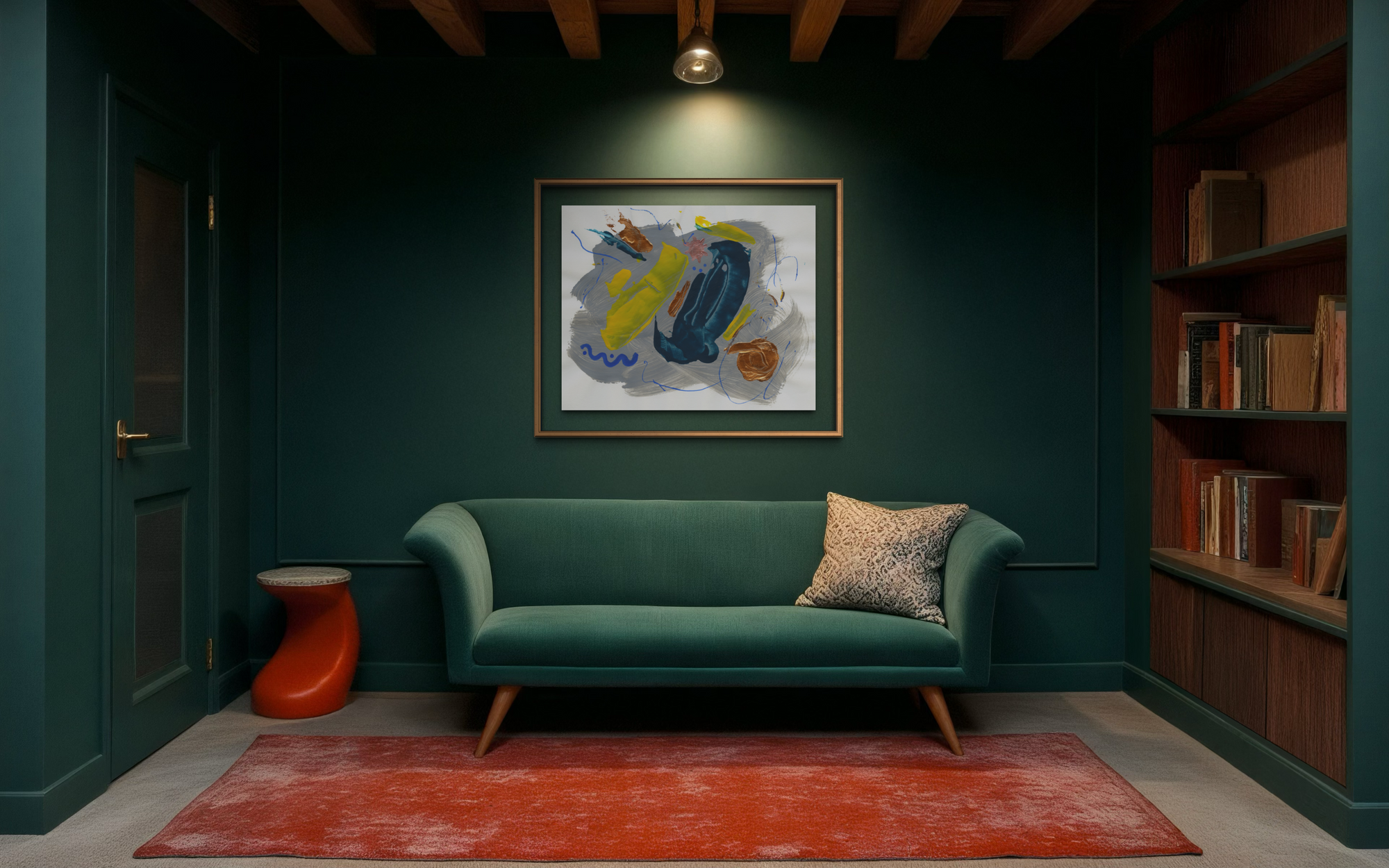 Library room setting with dark green walls, orange carpet and accents with colorful abstract art on the wall above the sofa