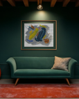 Library room setting with dark green walls, orange carpet and accents with colorful abstract art on the wall above the sofa