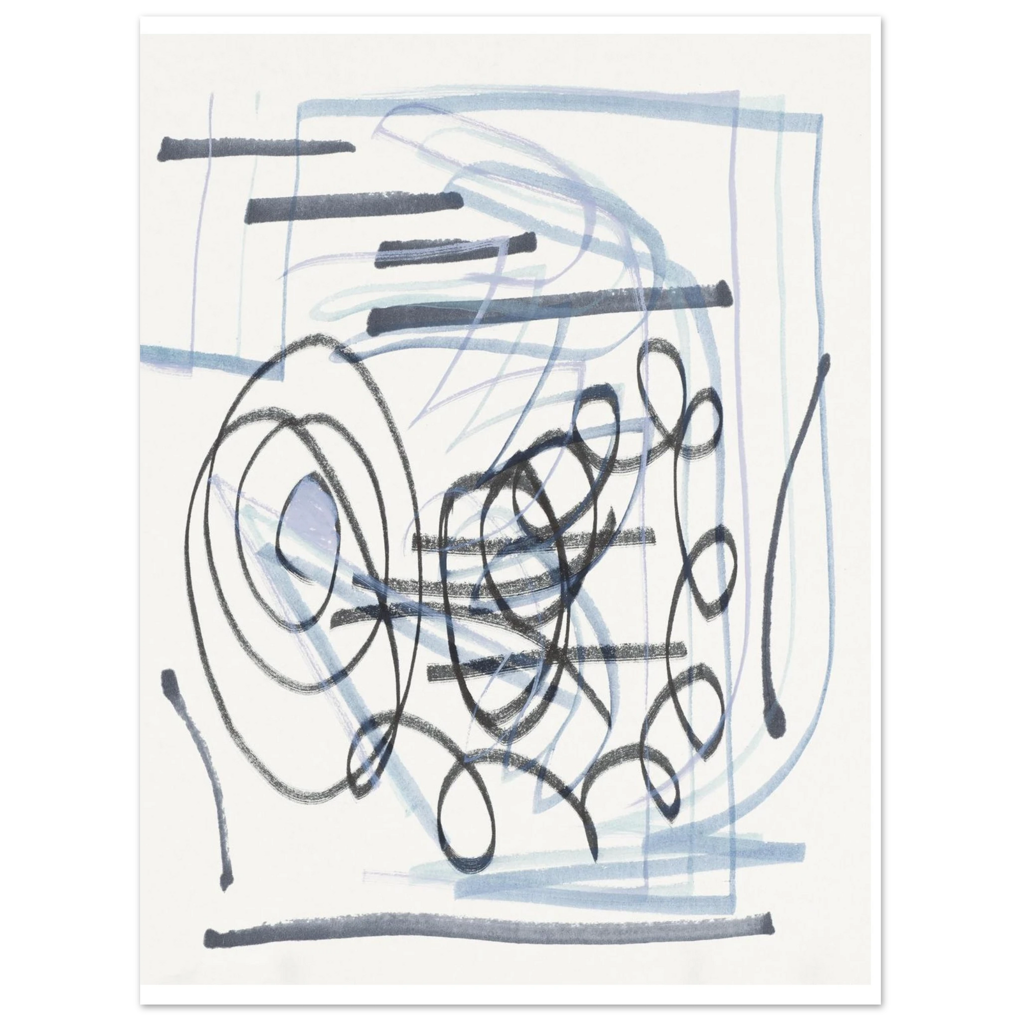 An abstract art print featuring black hand-drawn scribbles and lines over a light blue and blue-gray background on an off-white canvas.