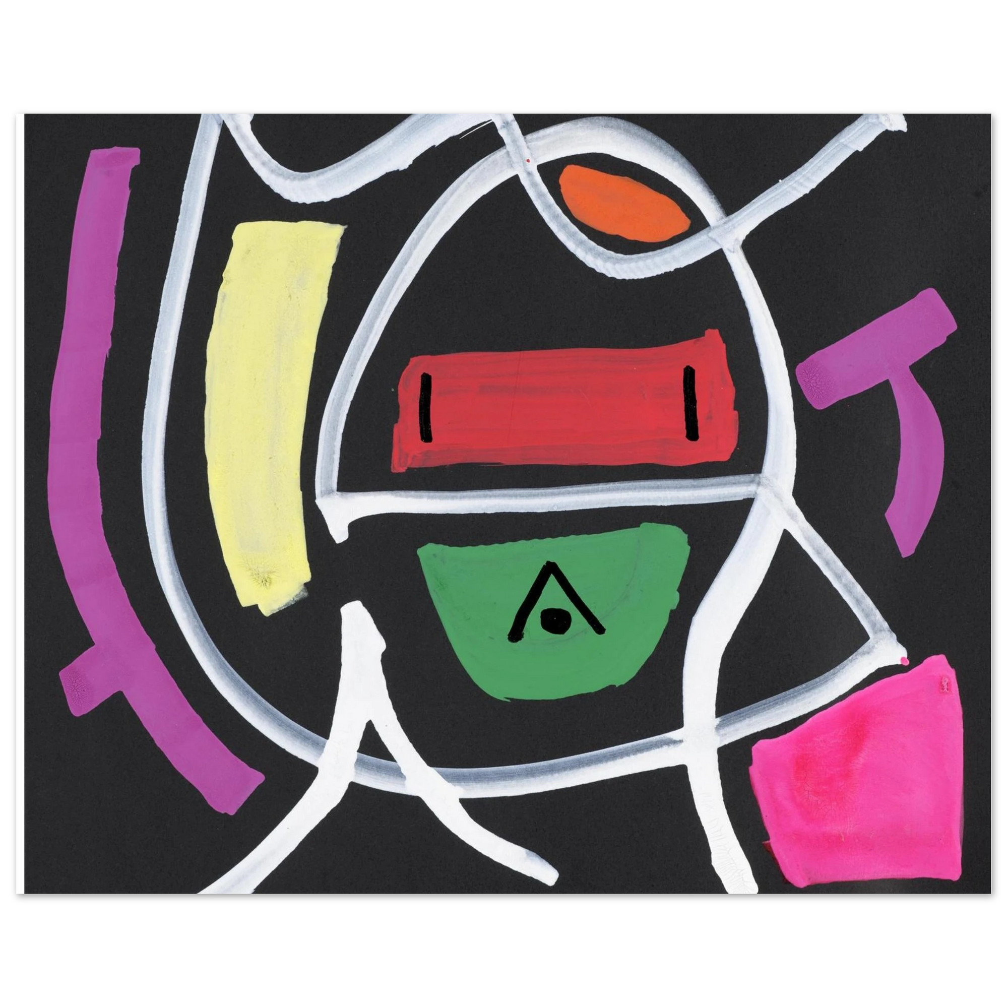 An abstract geometric painting on a black background, featuring white curved lines, a red rectangular block, a green semicircle with a black triangle, a yellow vertical rectangle, an orange oval, and purple and pink shapes.