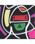An abstract geometric painting on a black background, featuring white curved lines, a red rectangular block, a green semicircle with a black triangle, a yellow vertical rectangle, an orange oval, and purple and pink shapes.