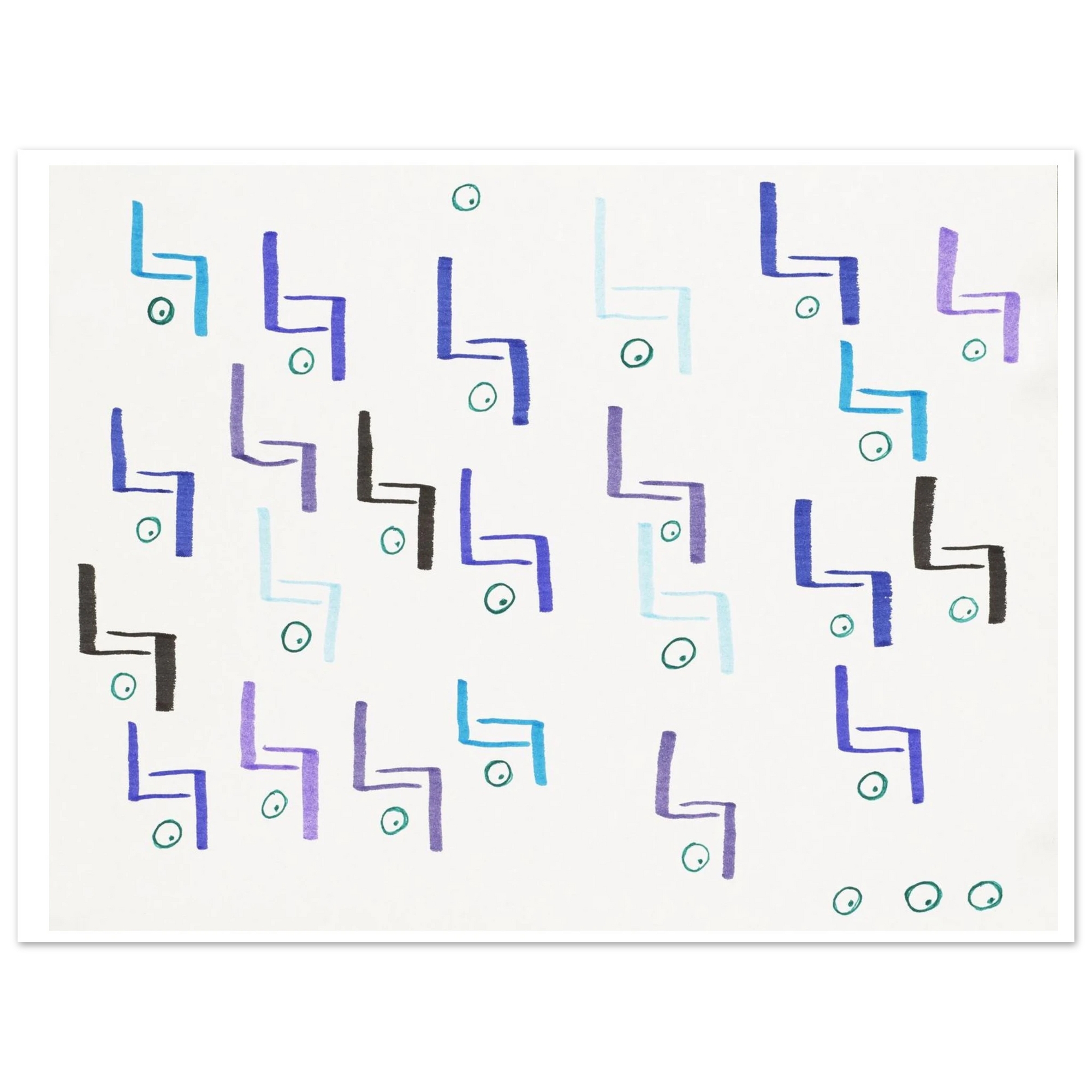 An abstract art print featuring a grid of hand-drawn, textured geometric shapes in shades of purple, blue, black, and light blue on a white background.