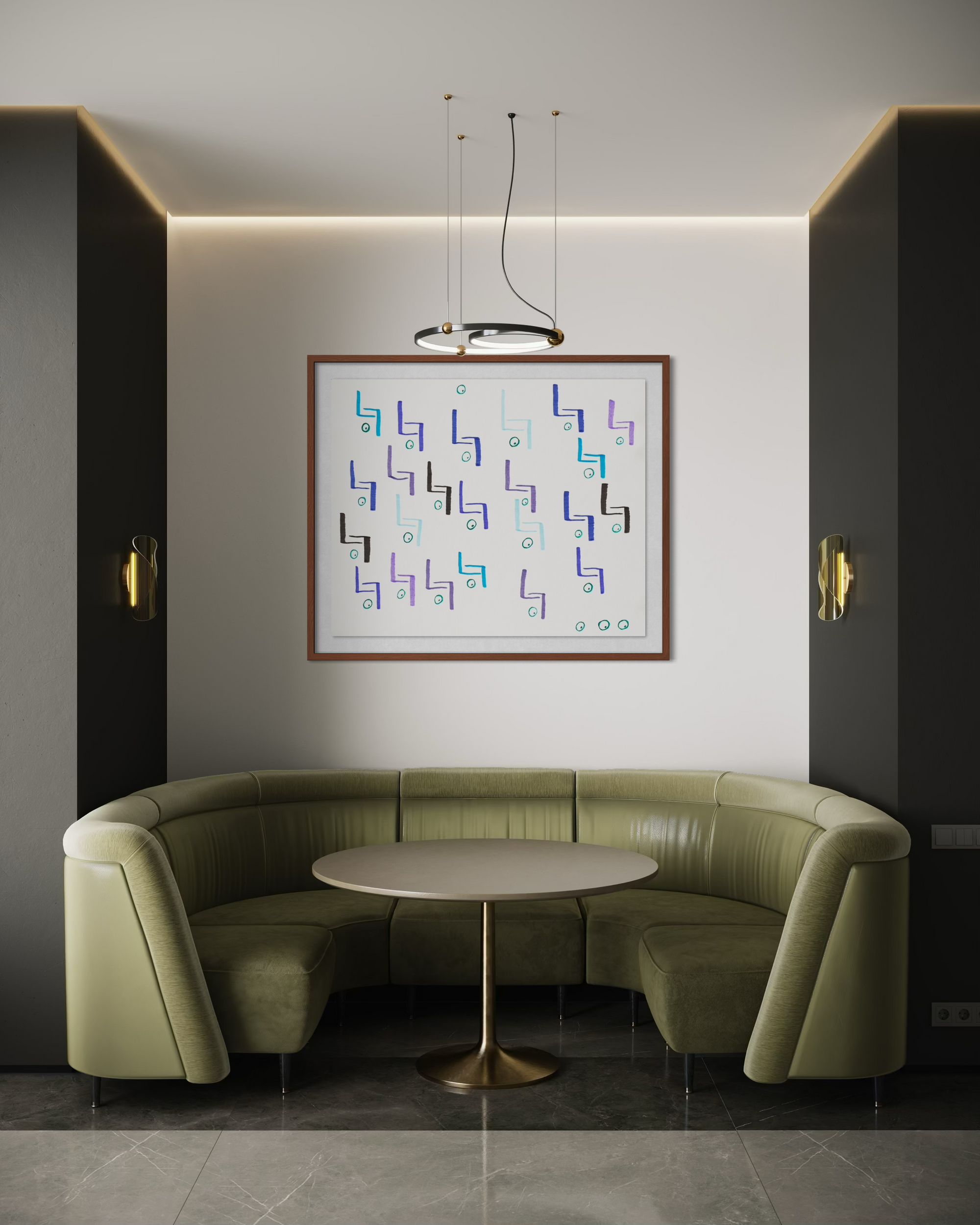 A modern interior scene featuring a curved olive green upholstered banquette seating piece around a round table, set against a light gray wall with a framed abstract geometric print and wall sconces.