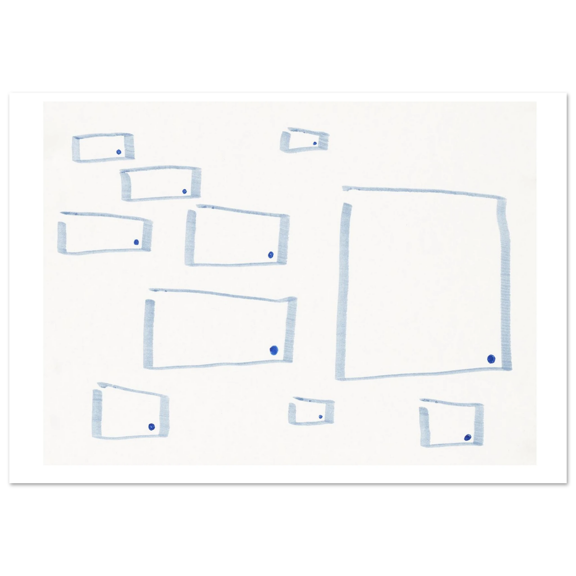 An abstract art print featuring hand-drawn light blue rectangular boxes with small blue dots on a white background.