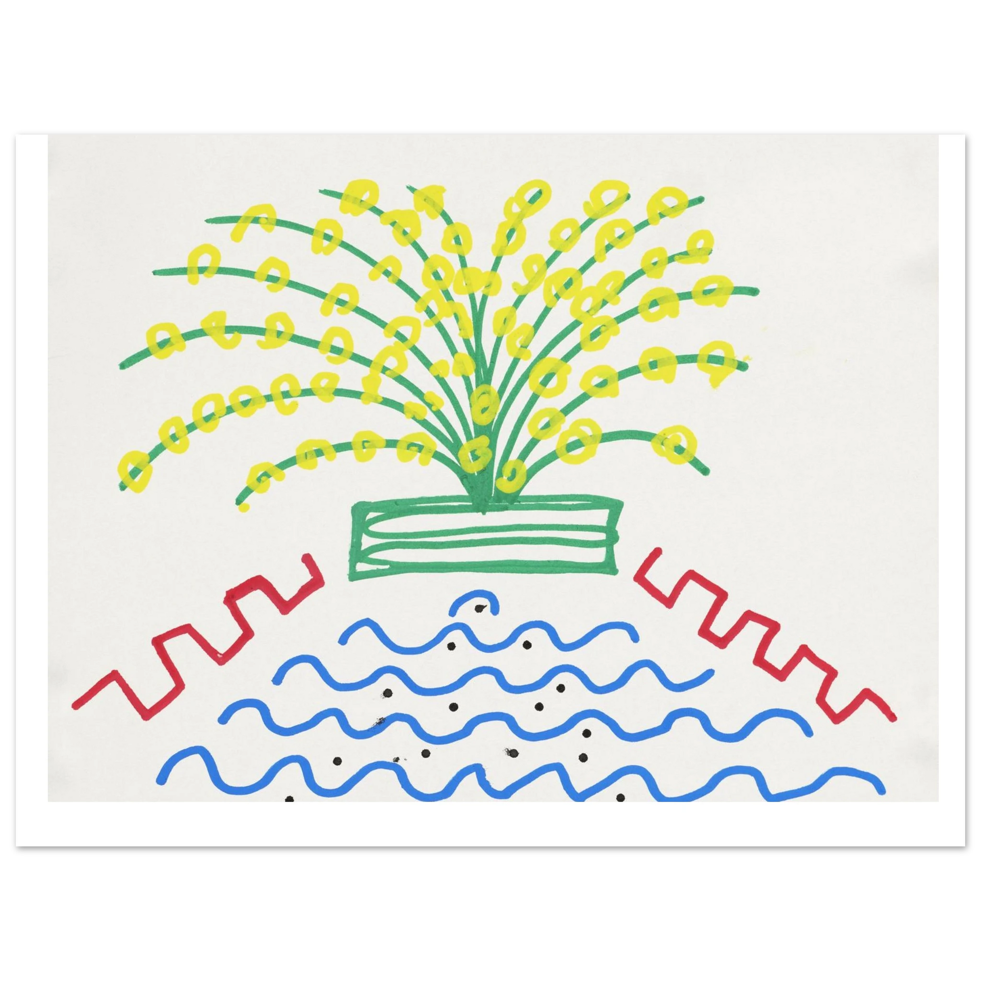 Abstract artwork featuring a green fountain with yellow circles, wavy blue lines underneath it and geometrical red lines on each side