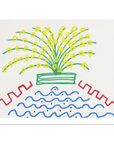 Abstract artwork featuring a green fountain with yellow circles, wavy blue lines underneath it and geometrical red lines on each side