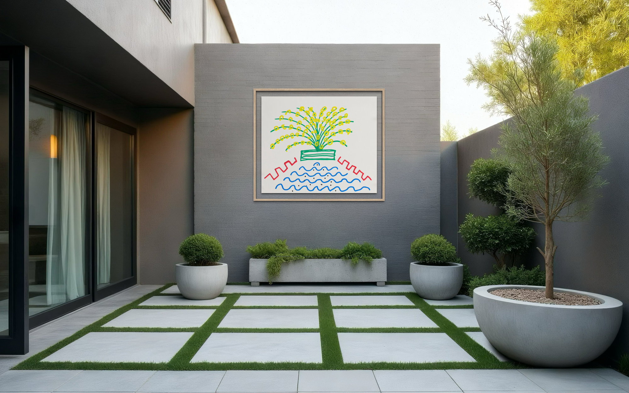 A modern outdoor patio courtyard with a gray wall, geometric tile flooring, potted plants, and a framed colorful abstract artwork mounted in the center.