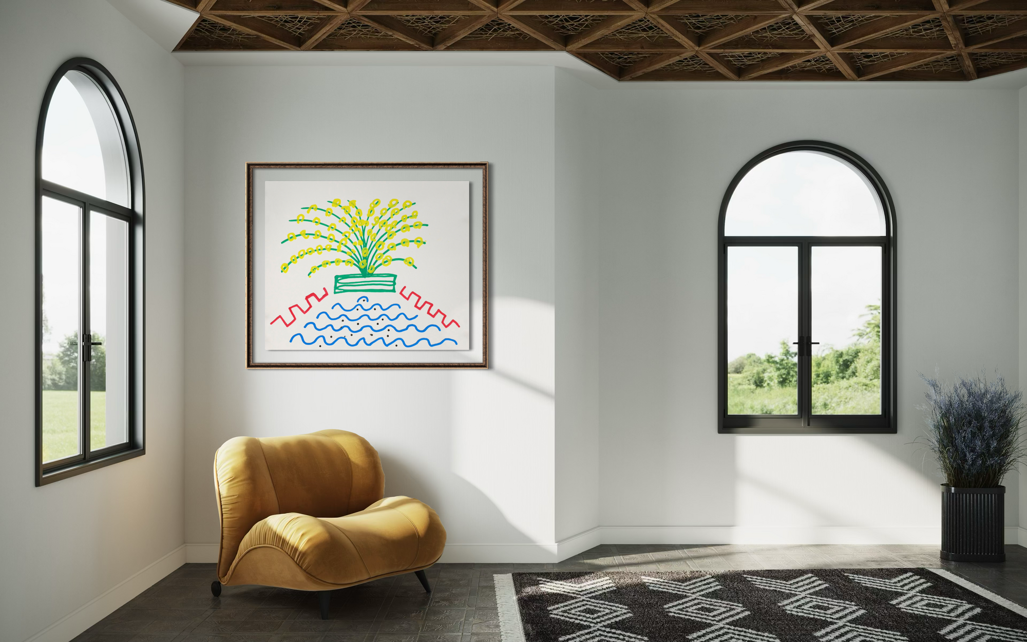 Colorful abstract artwork displayed in a bright seating area  with arched windows, a plant in the corner and a black primitive style rug