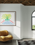 Colorful abstract artwork displayed in a bright seating area  with arched windows, a plant in the corner and a black primitive style rug