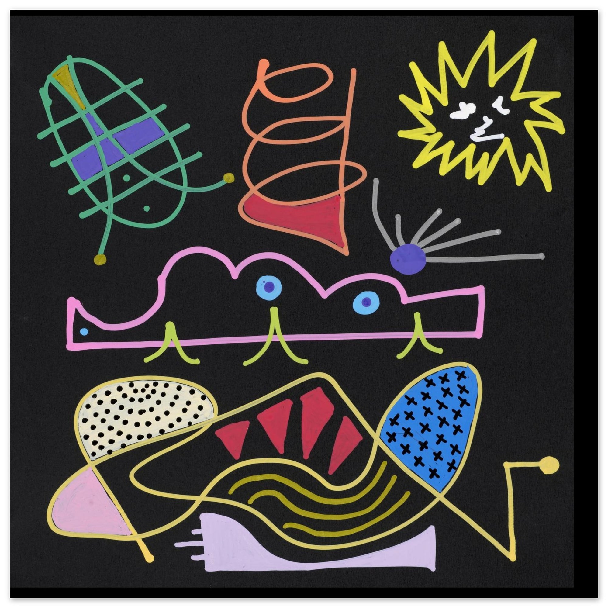 Abstract colorful line art illustration on a black background, featuring whimsical shapes including a yellow sun, green and purple fish-like forms, a pink wavy line with blue dots, and a large yellow-and-blue patterned abstract figure at the bottom.