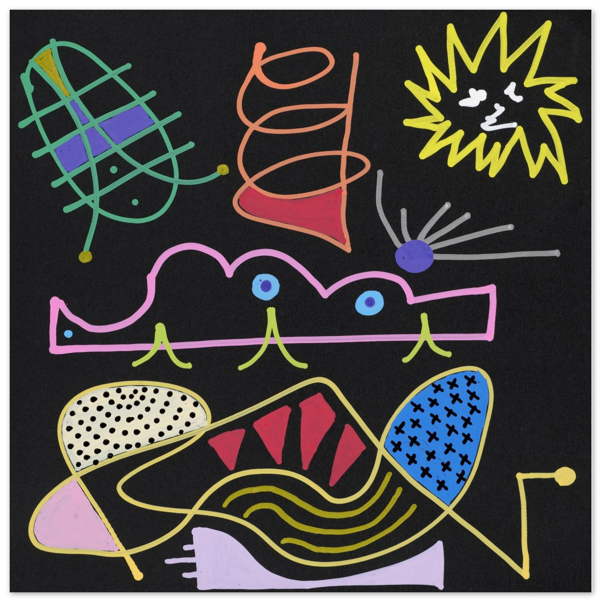 A colorful abstract artwork on a black background, featuring a yellow sun, green and purple geometric shapes, a pink wavy line with blue eyes, and yellow, red, blue, and purple abstract forms.