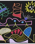 A colorful abstract artwork on a black background, featuring a yellow sun, green and purple geometric shapes, a pink wavy line with blue eyes, and yellow, red, blue, and purple abstract forms.
