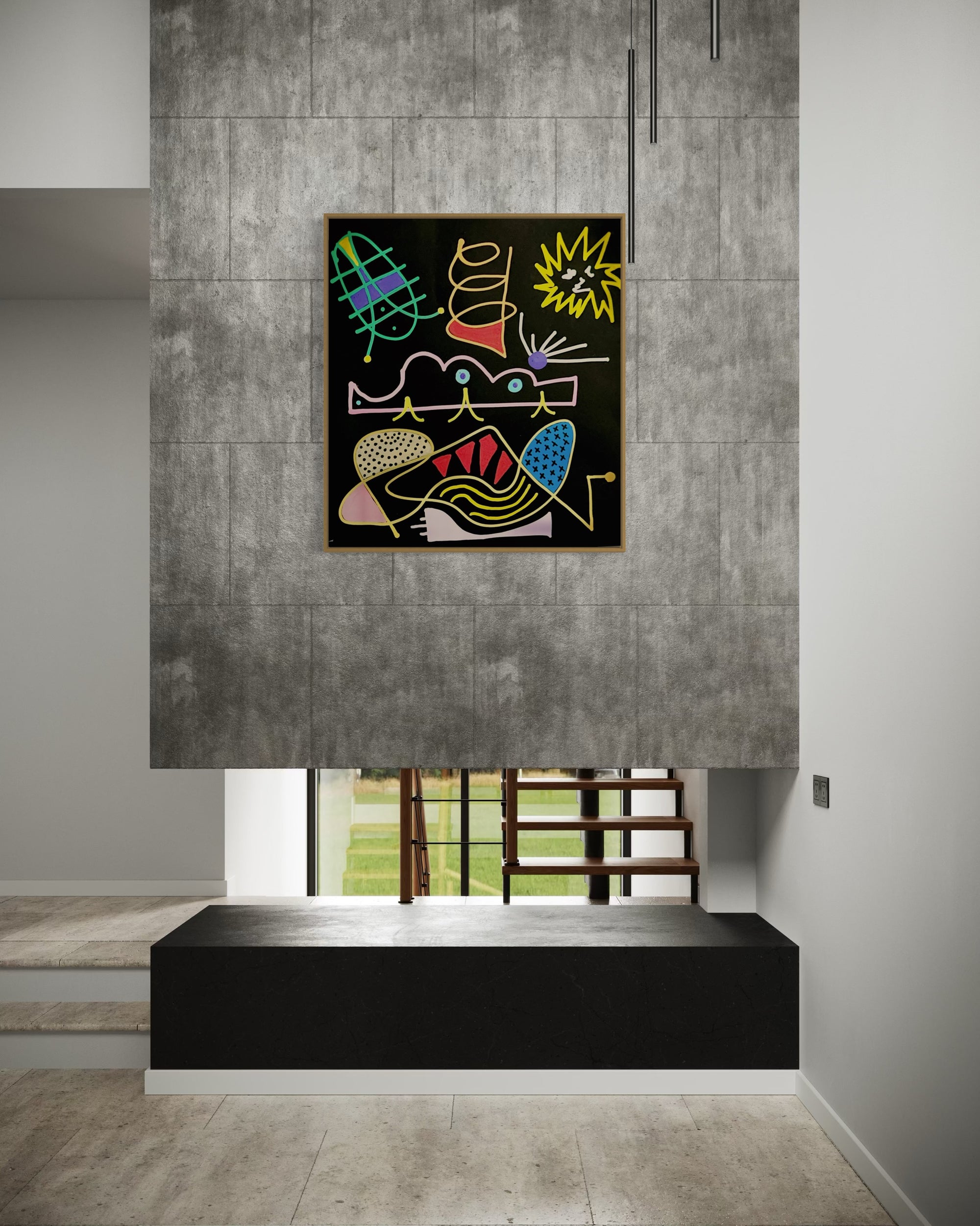 A framed abstract art print with colorful geometric shapes on a black background, displayed on a textured gray wall in a modern interior setting.