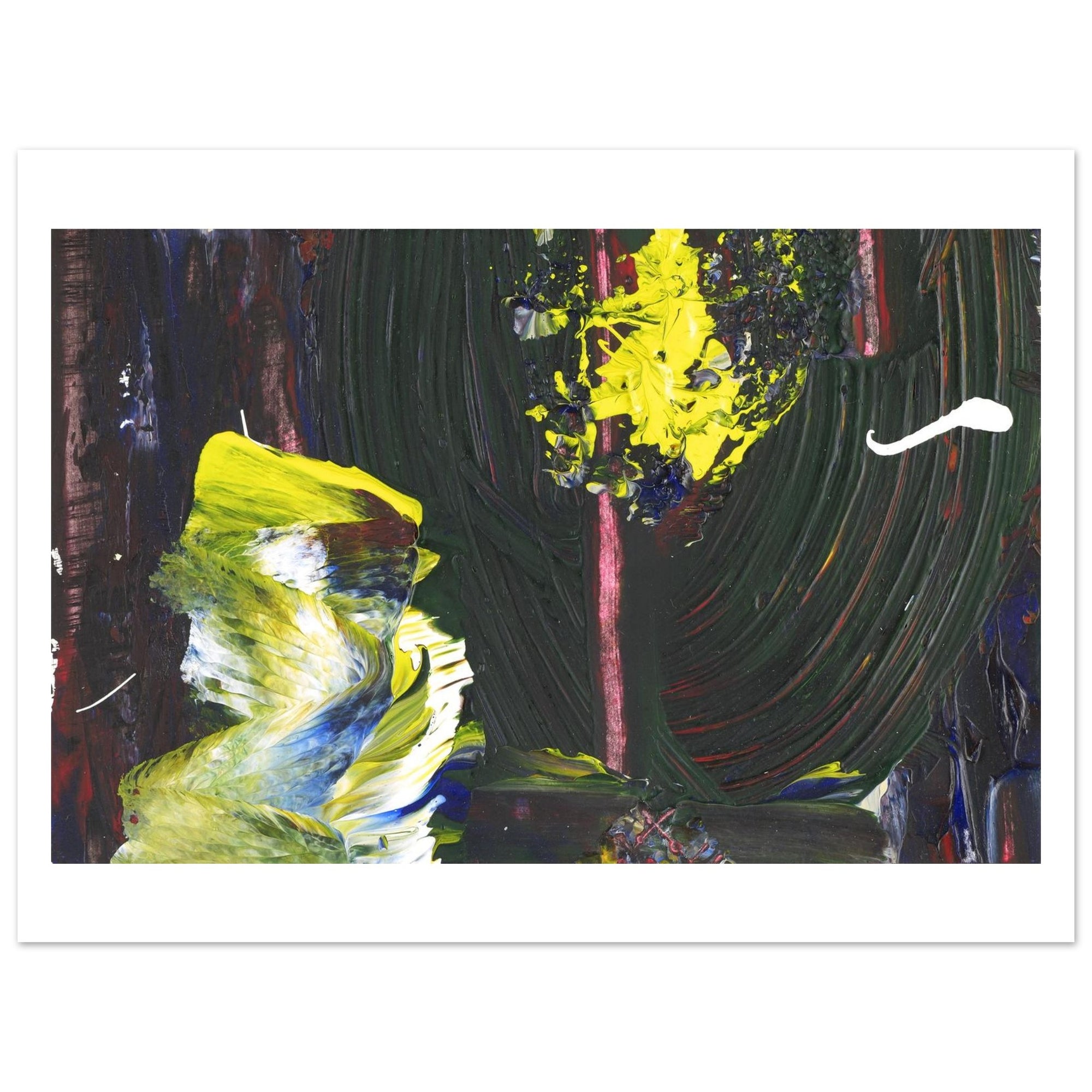 An abstract canvas art print featuring expressive, textured brushstrokes in dark green, black, yellow, white, and brown, presented with a wide white border on a white background.