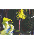 An abstract canvas art print featuring expressive, textured brushstrokes in dark green, black, yellow, white, and brown, presented with a wide white border on a white background.