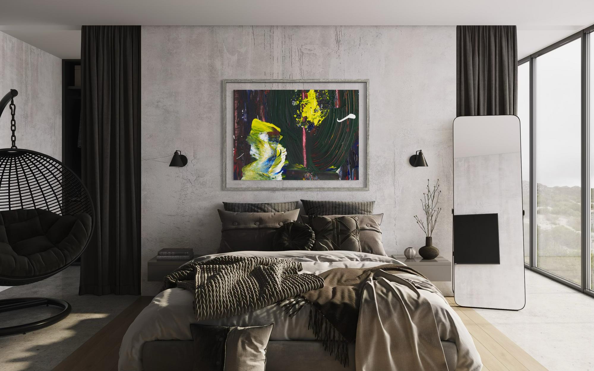 A framed abstract painting with bold yellow, green, and blue brushstrokes hangs on a textured light gray wall above a bed in a modern, stylishly decorated bedroom. The room features a hanging egg chair, a full-length floor mirror, and a large window looking out onto a scenic landscape.
