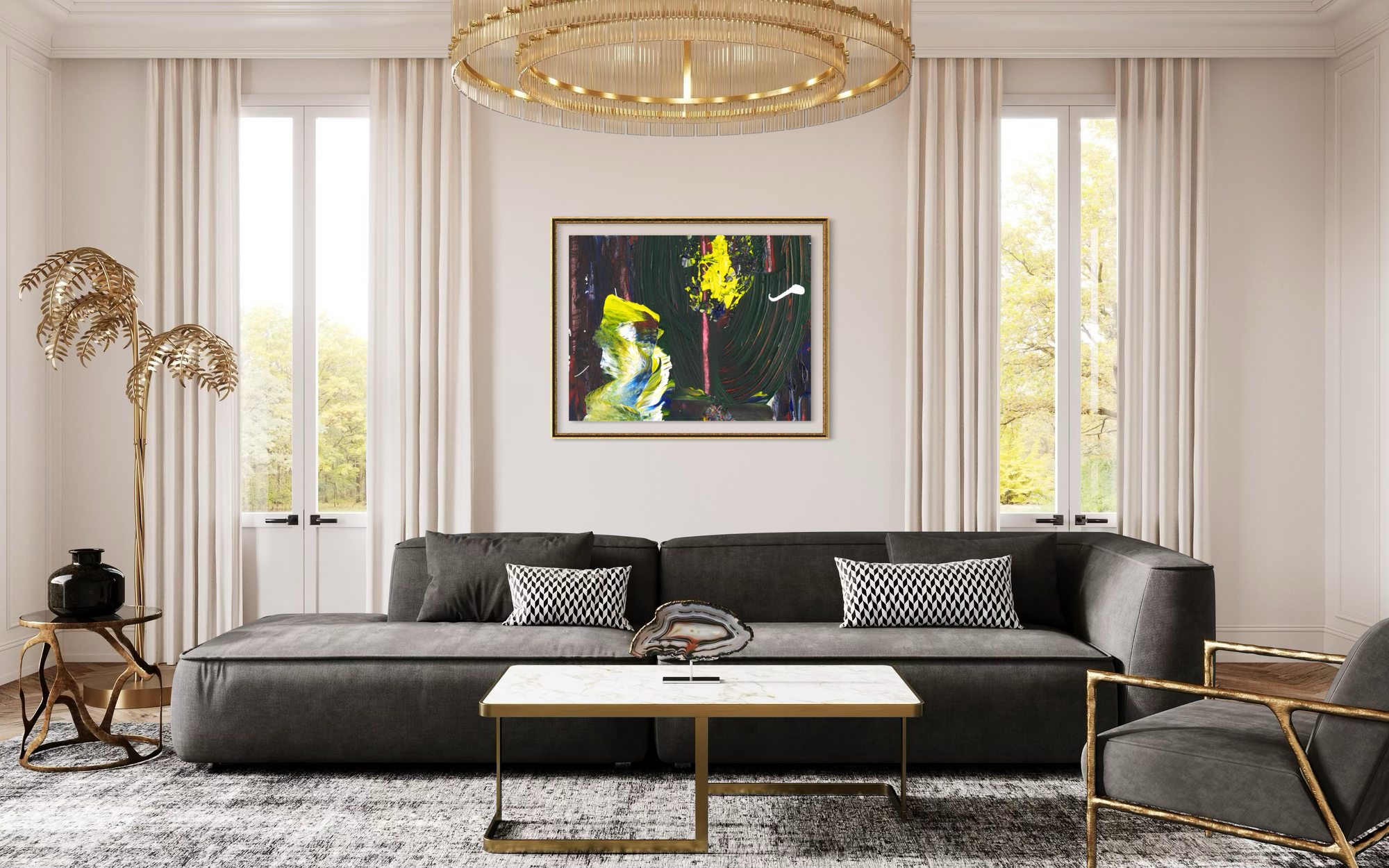 A framed abstract painting with vibrant green, yellow, and black brushstrokes hangs on a beige wall in a modern living room setting above a dark gray sectional sofa.