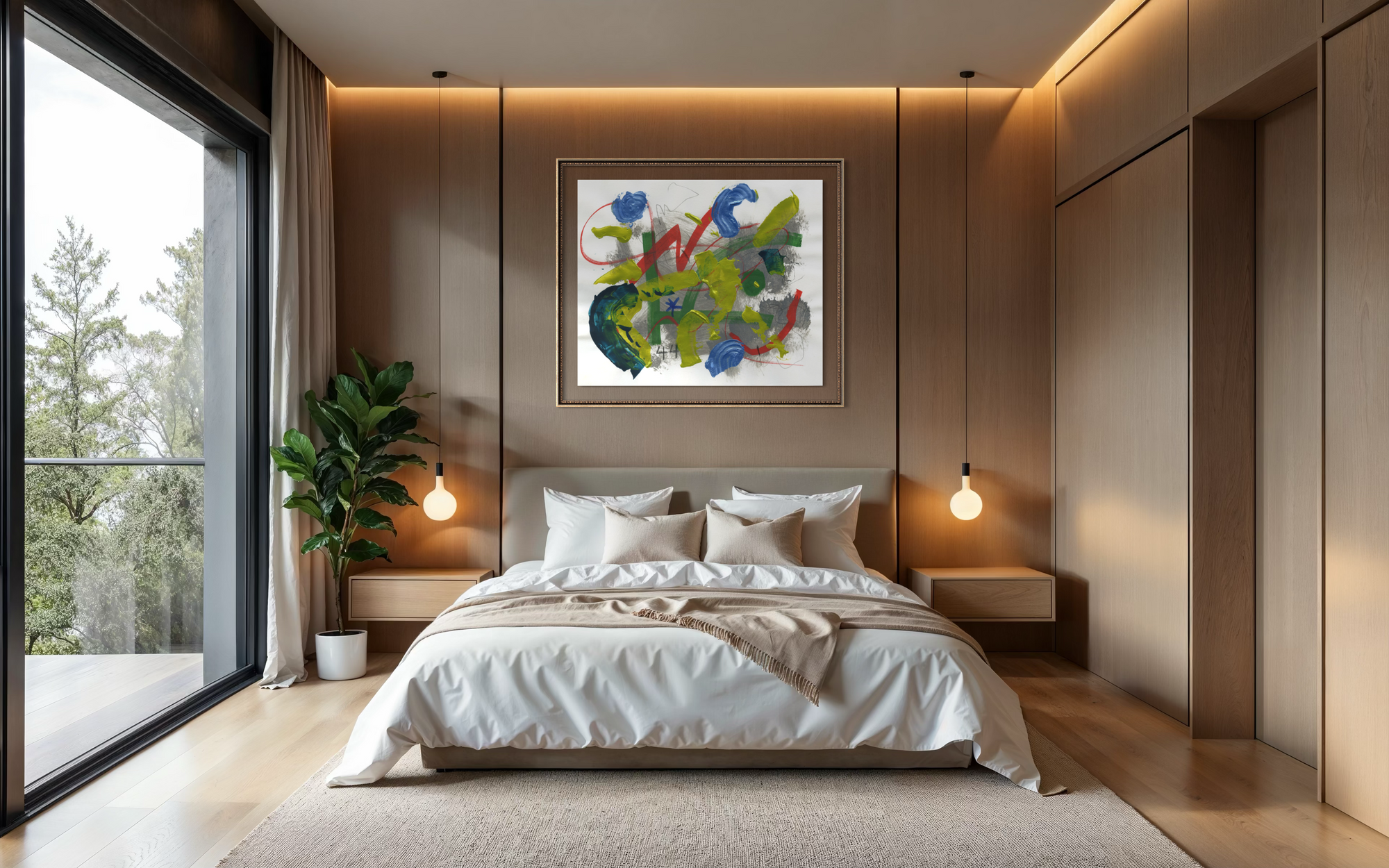 Colorful abstract artwork hanging in a serene bedroom with hanging lamps over bedside tables and a plant  sitting by the sliding glass door