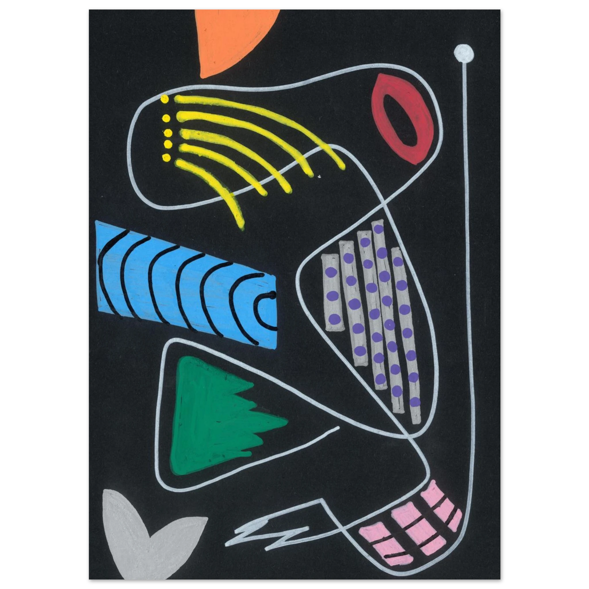 An abstract geometric art print featuring colorful shapes and patterns on a black background, with white linework defining the forms.