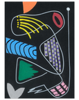 An abstract geometric art print featuring colorful shapes and patterns on a black background, with white linework defining the forms.