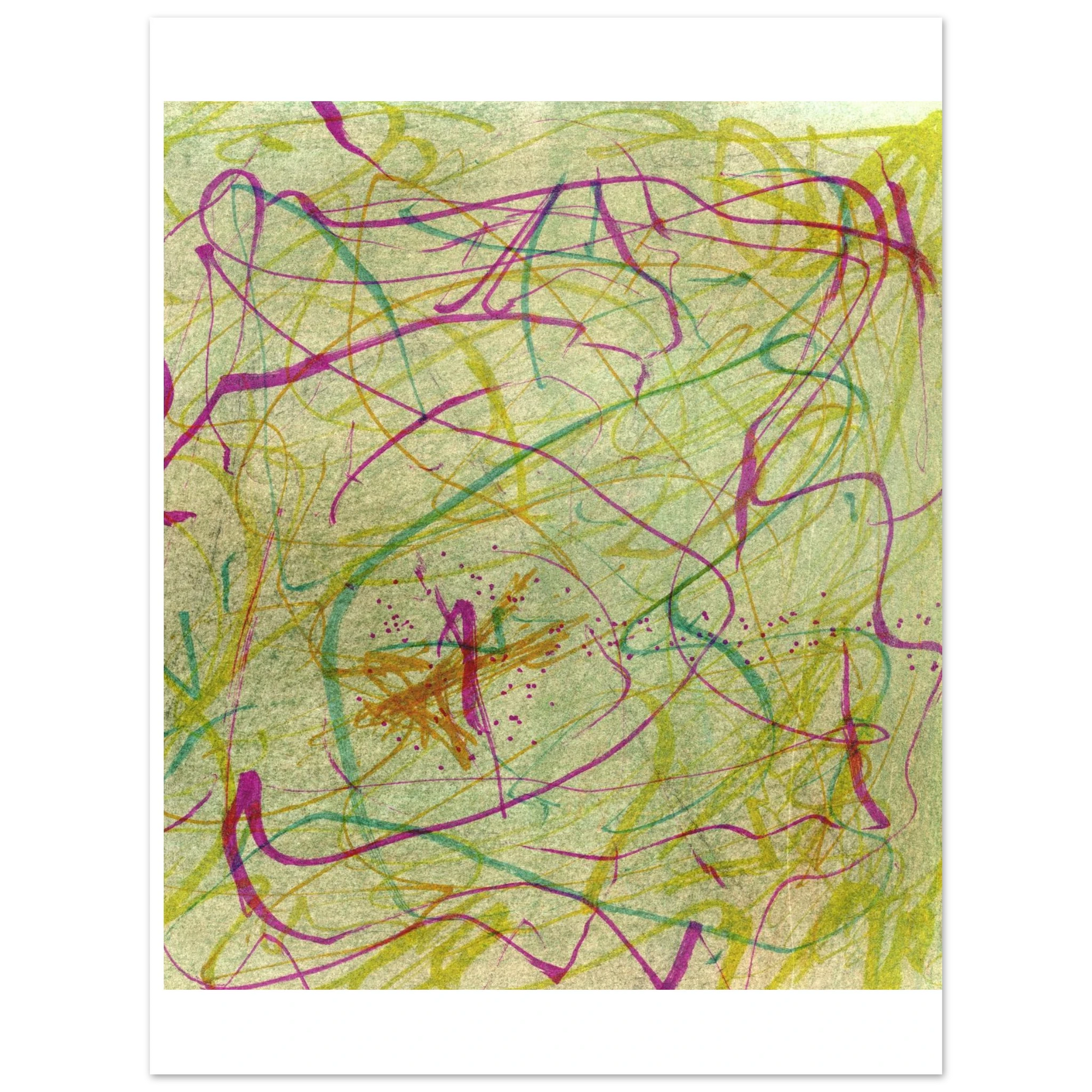Abstract artwork with red, pink, green, yellow linework against a yellow background