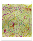 Abstract artwork with red, pink, green, yellow linework against a yellow background