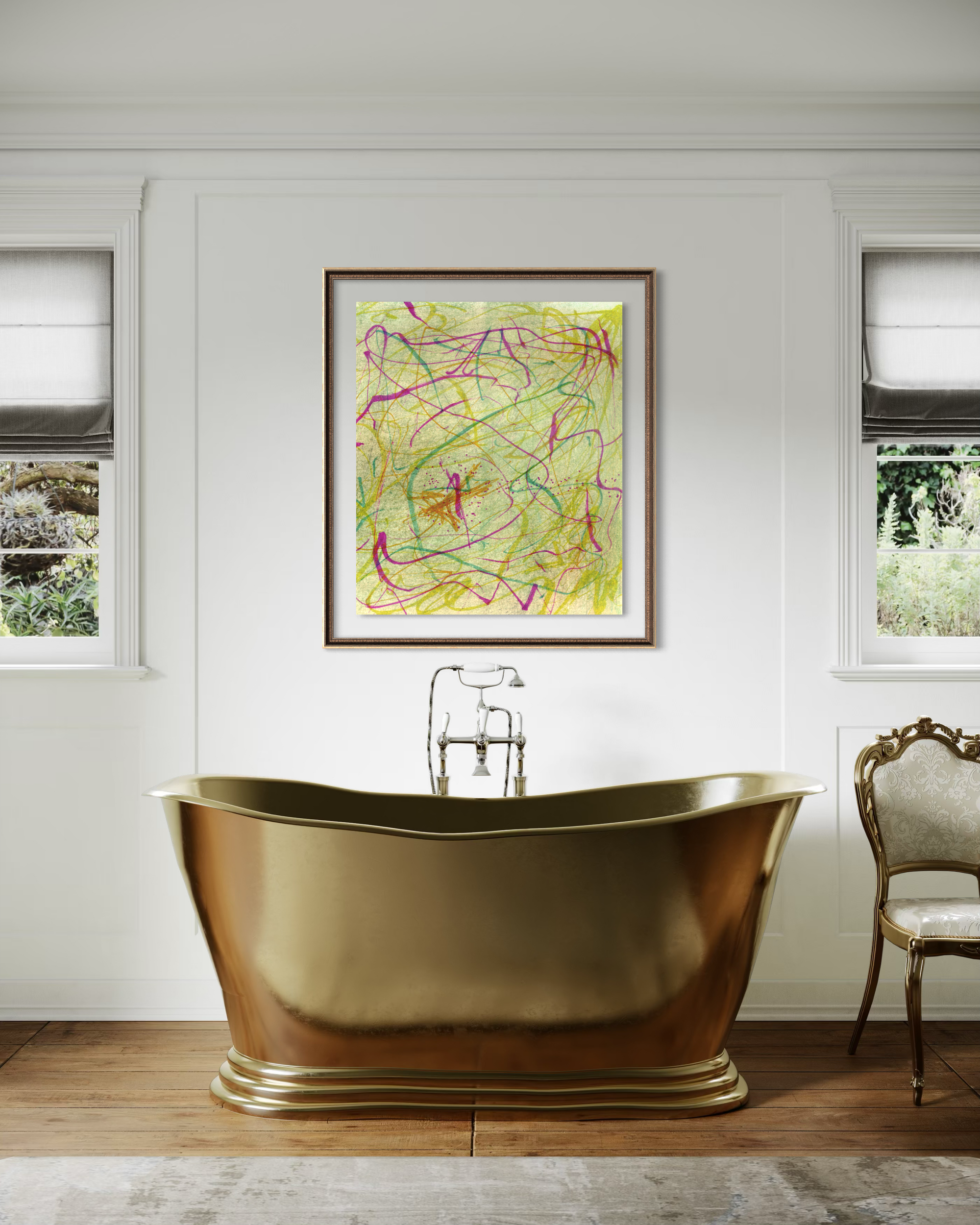 Brass tub with a chair next to it and two windows on each side.  Colorful abstract artwork hangs above the tub
