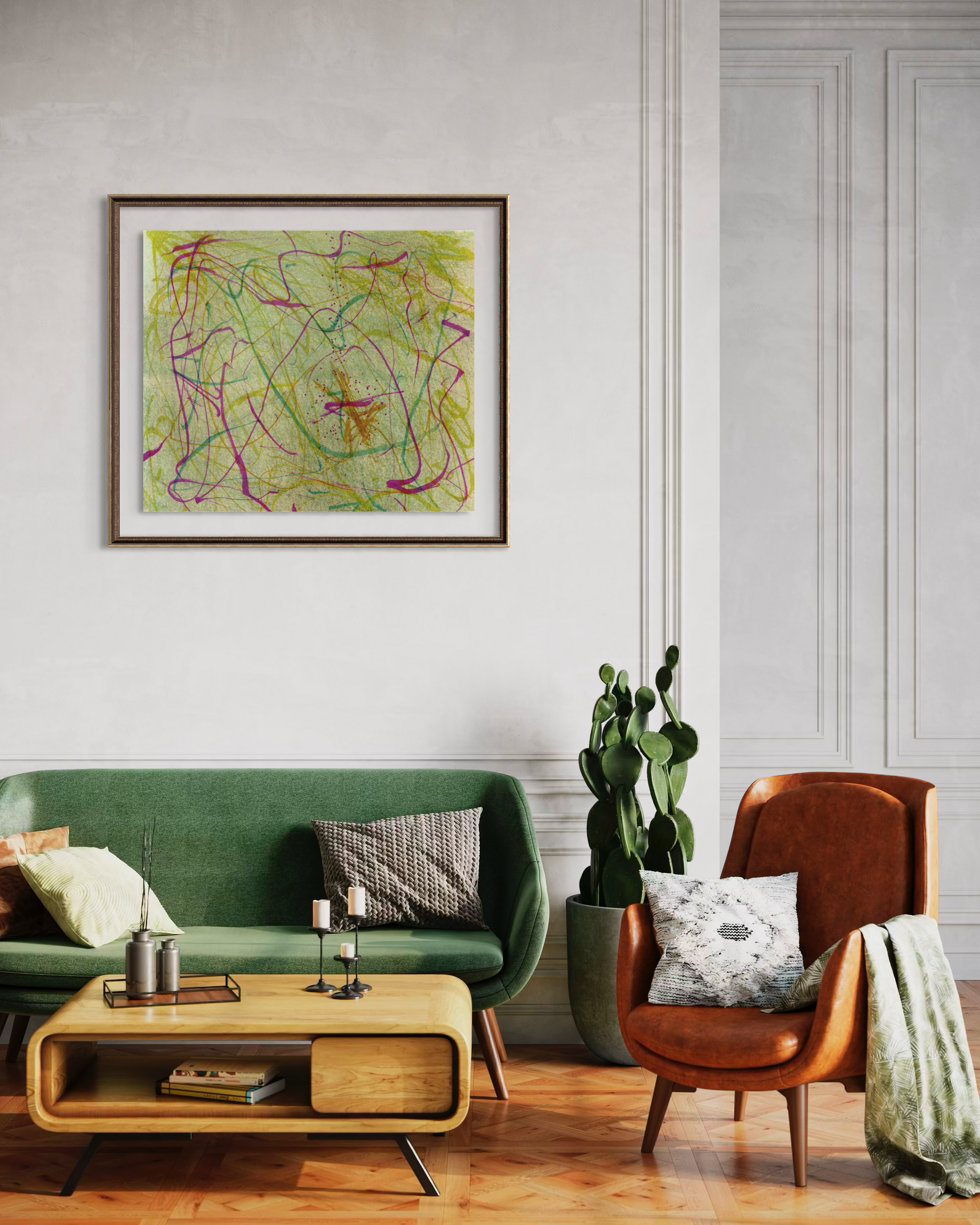 Bright living room setting with green sofa, light wood cocktail table, leather side chair with blanket featuring an abstract art piece against the white wall
