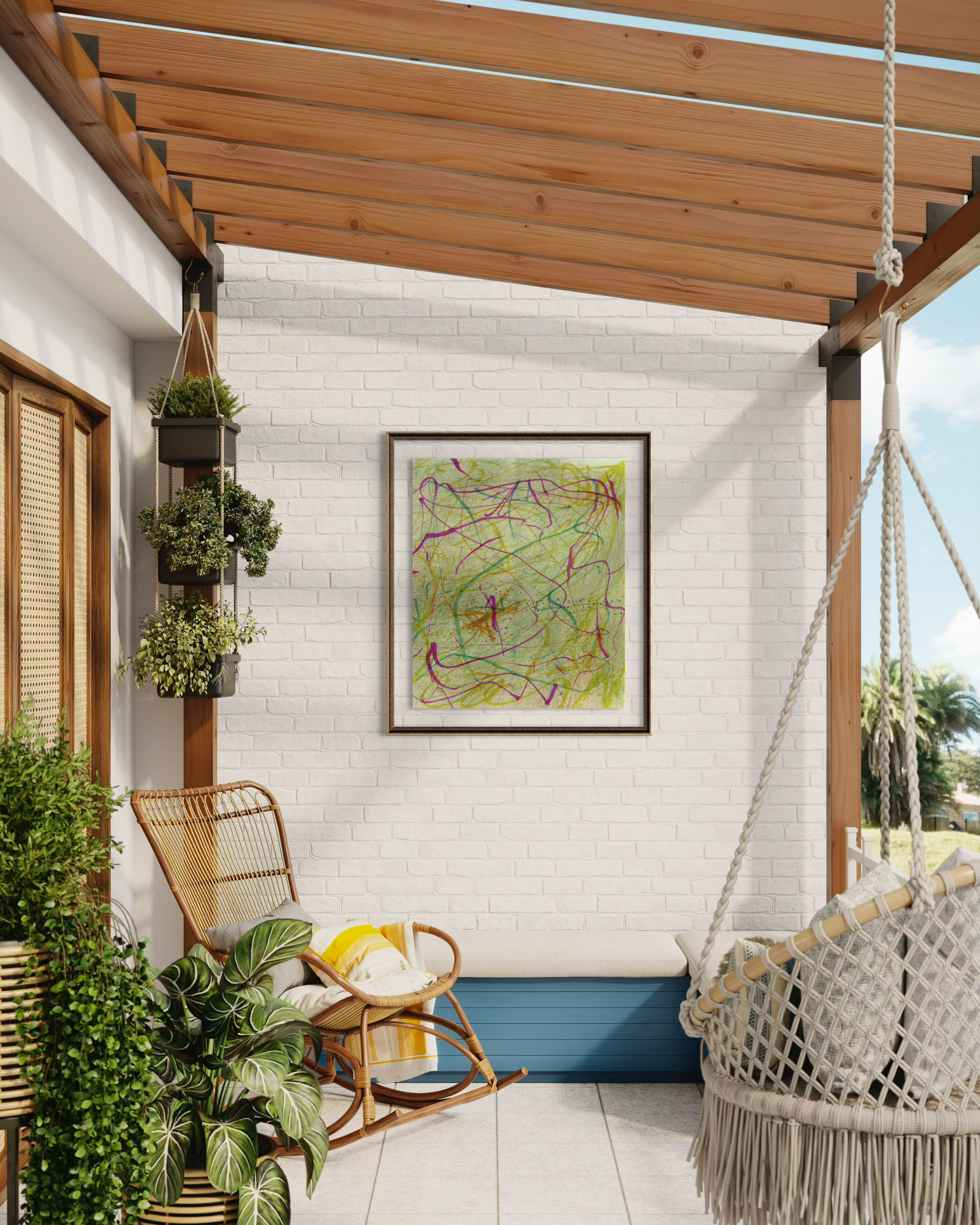 Outdoor patio with a hanging macrame chair in one corner, a rocking chair next to the entrance to the house, plants in the foreground and a colorful piece of abstract artwork