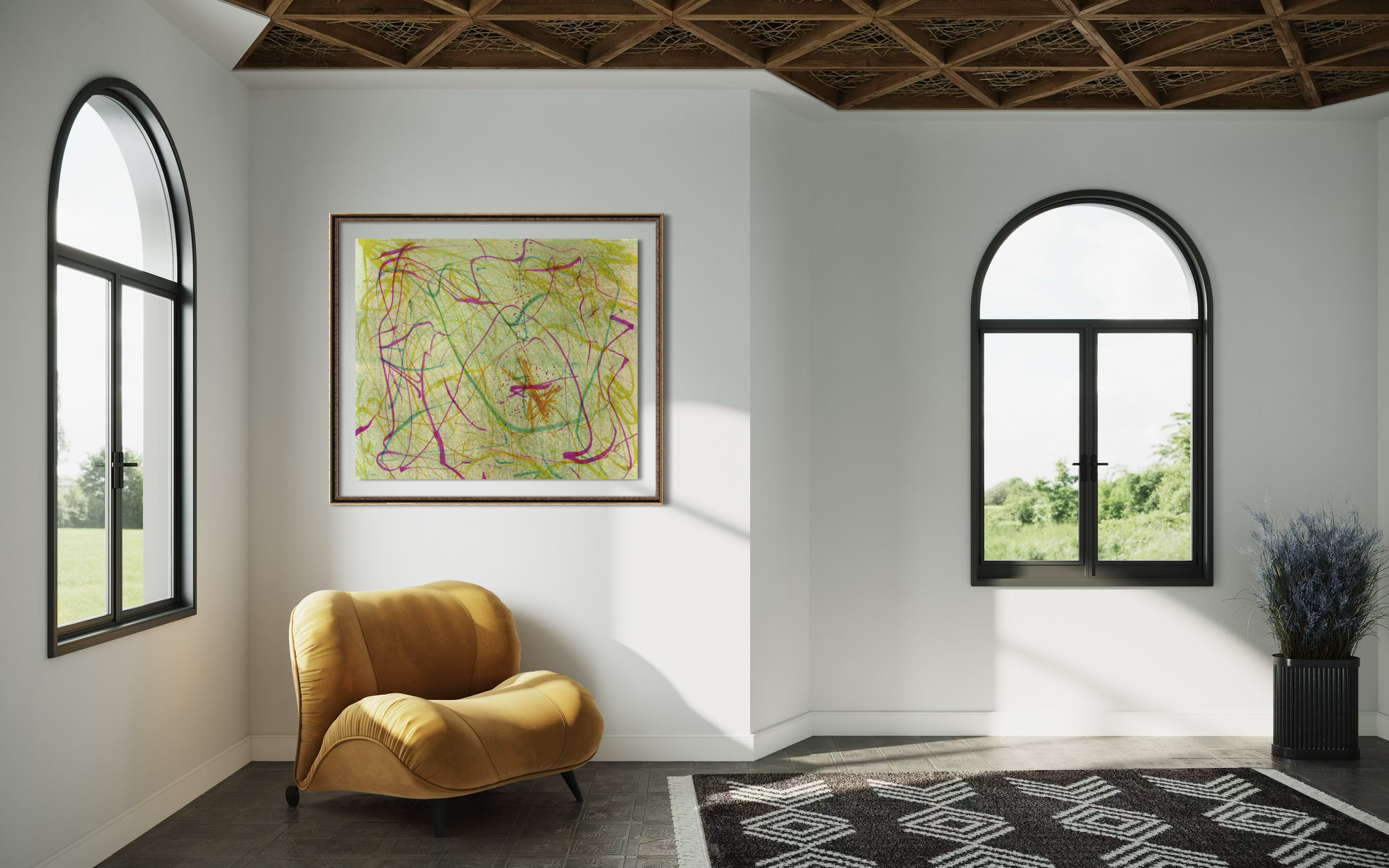 Sunny sitting area with a plush light orange chair, arched windows, a black and white rug and an abstract piece of artwork on the wall