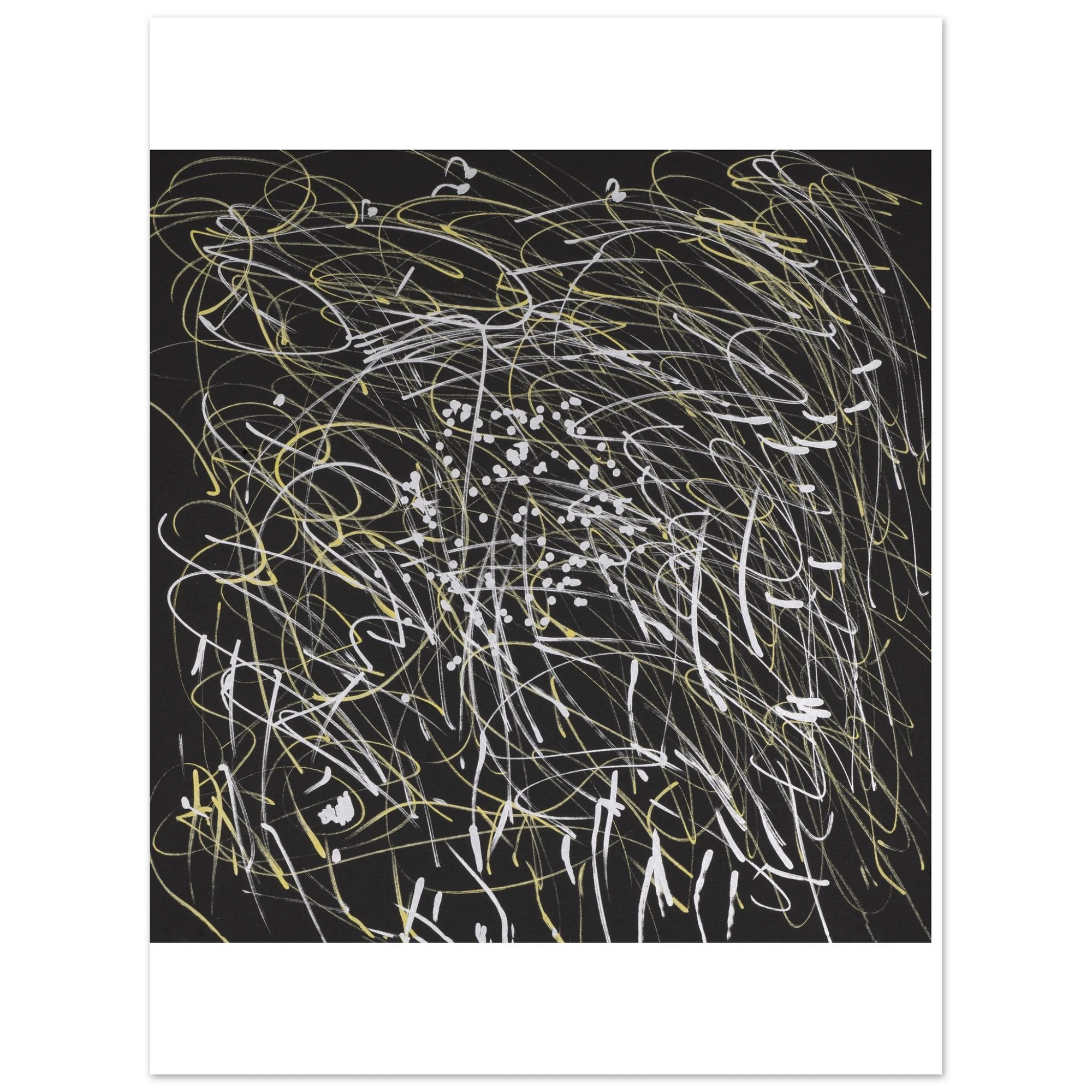 An abstract art print featuring chaotic, energetic scribbled lines in white and pale yellow on a solid black square, presented with a wide white border.