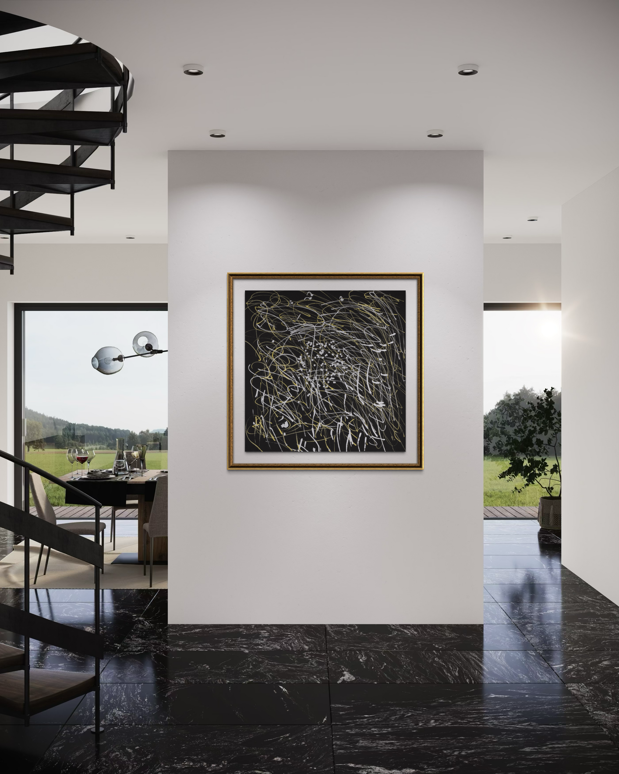 An abstract black and white painting with gold lines in a gold frame, displayed on a white wall in a modern, stylishly decorated home interior with a spiral staircase and marble floors.