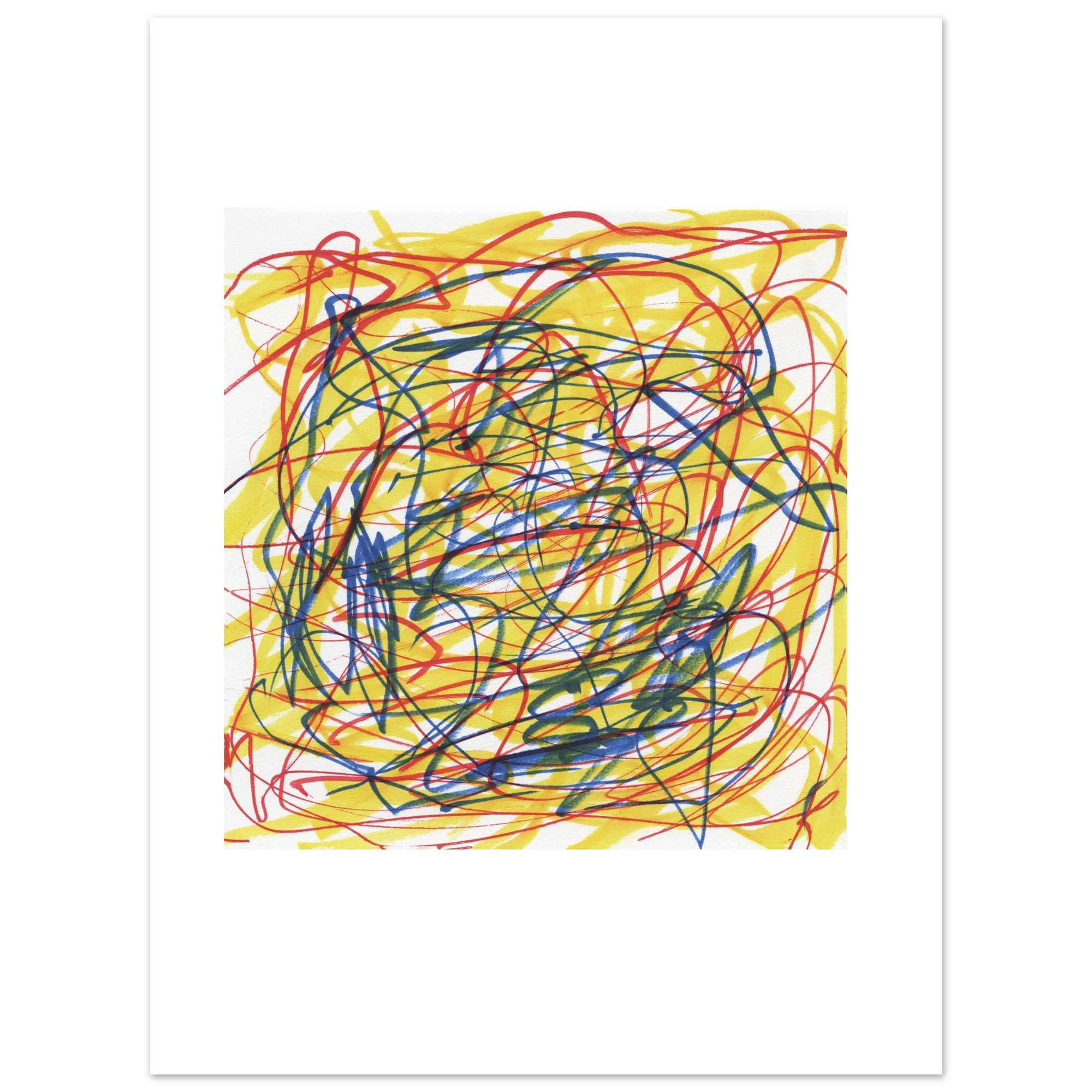 Abstract art print featuring a chaotic scribble pattern of red, blue, green, and yellow lines on a white background with a wide white border.