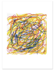 Abstract art print featuring a chaotic scribble pattern of red, blue, green, and yellow lines on a white background with a wide white border.