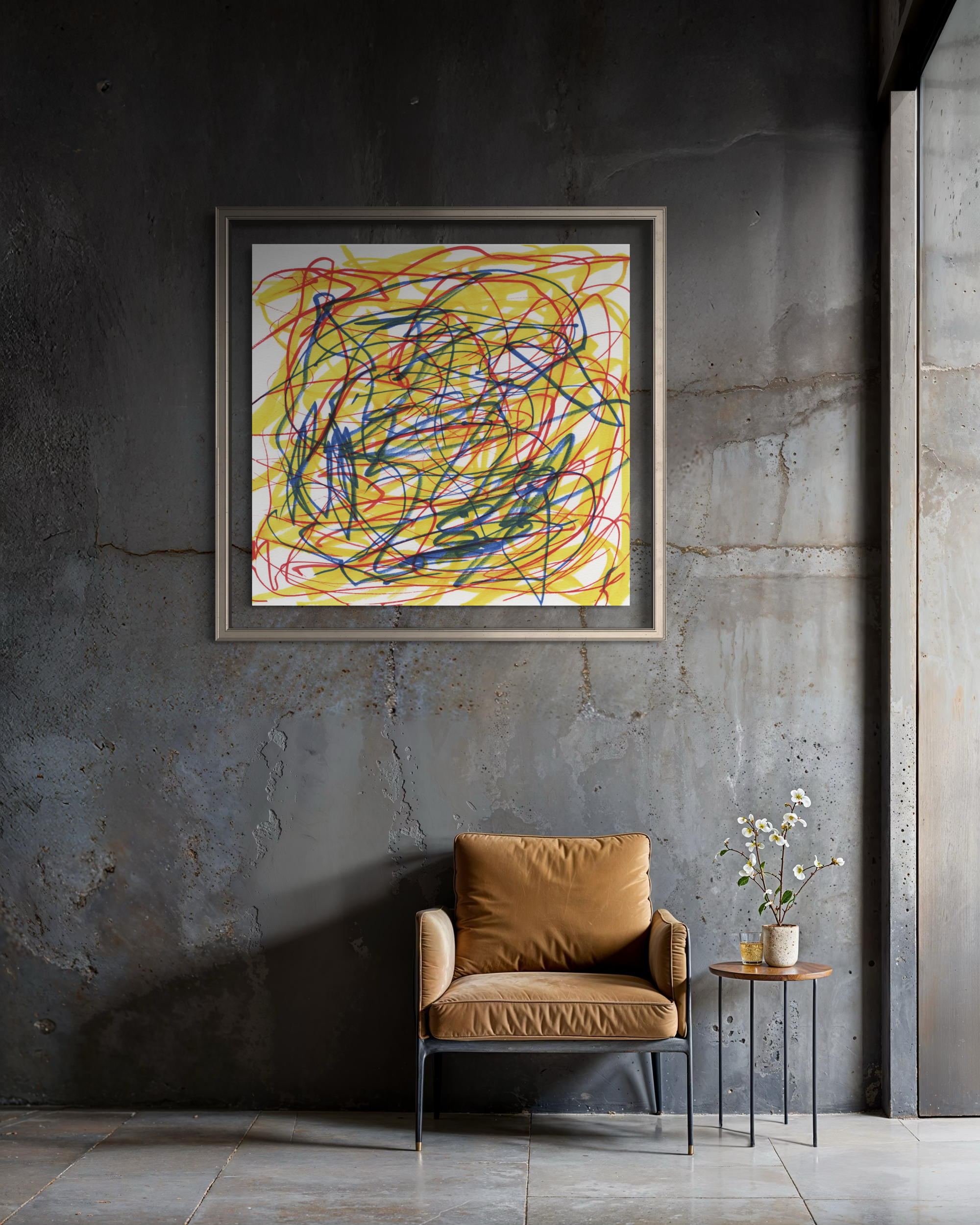 A framed abstract art print featuring colorful scribbled lines on a white background, displayed on a textured dark gray wall above a tan leather armchair and a small side table with flowers.