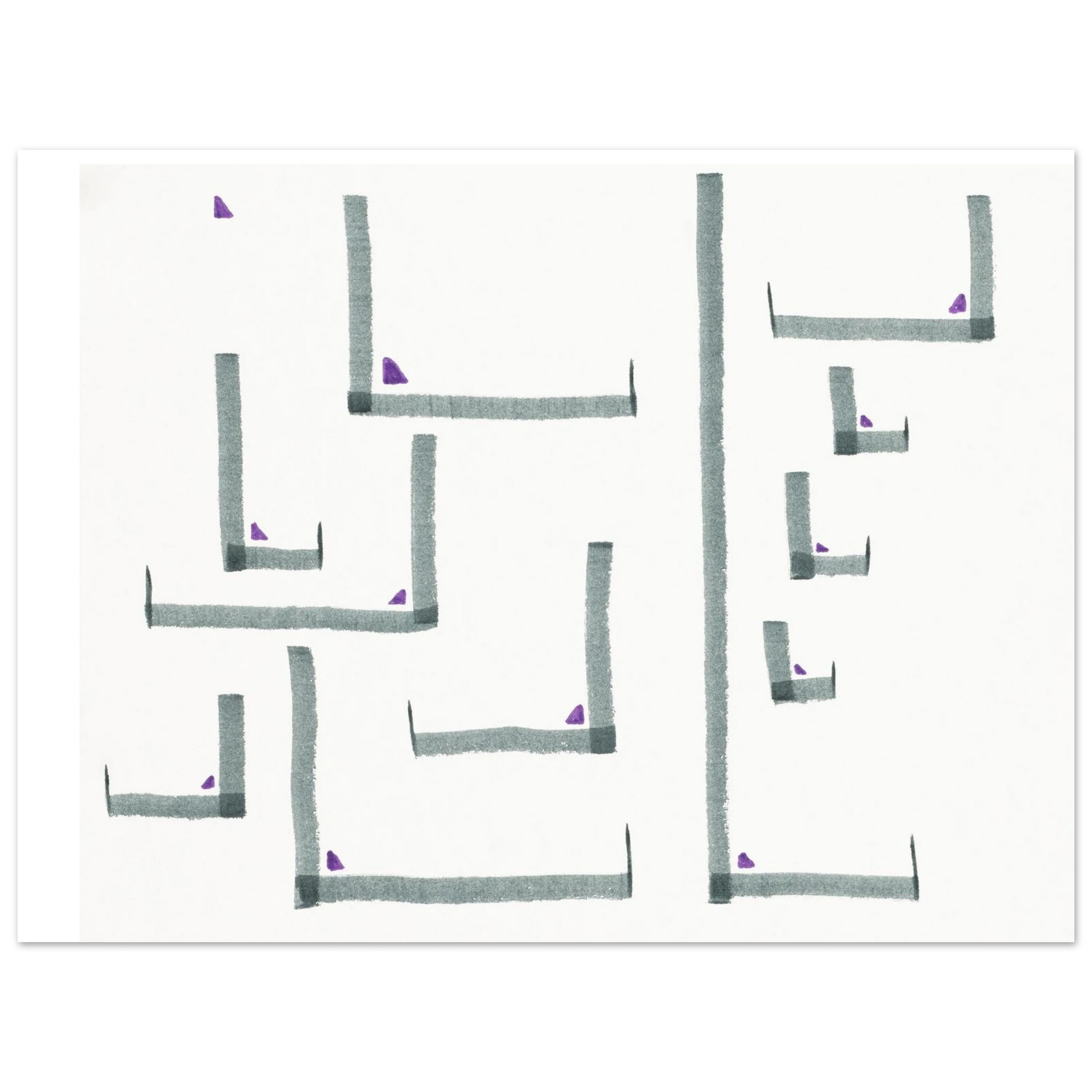 Abstract art print featuring textured gray-green brushstrokes forming geometric maze-like shapes on a white background, with small purple triangular accents.