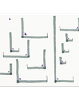 Abstract art print featuring textured gray-green brushstrokes forming geometric maze-like shapes on a white background, with small purple triangular accents.