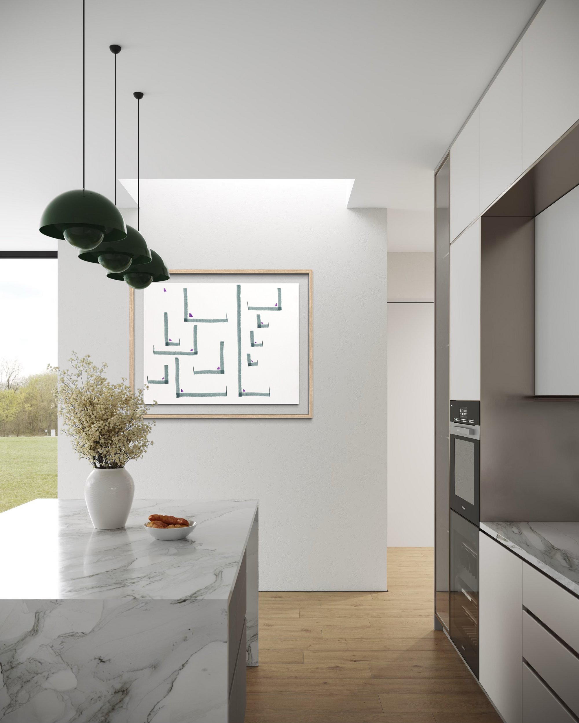 Modern kitchen with marble island, pendant lights, and framed abstract artwork on the wall.