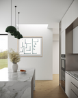 Modern kitchen with marble island, pendant lights, and framed abstract artwork on the wall.