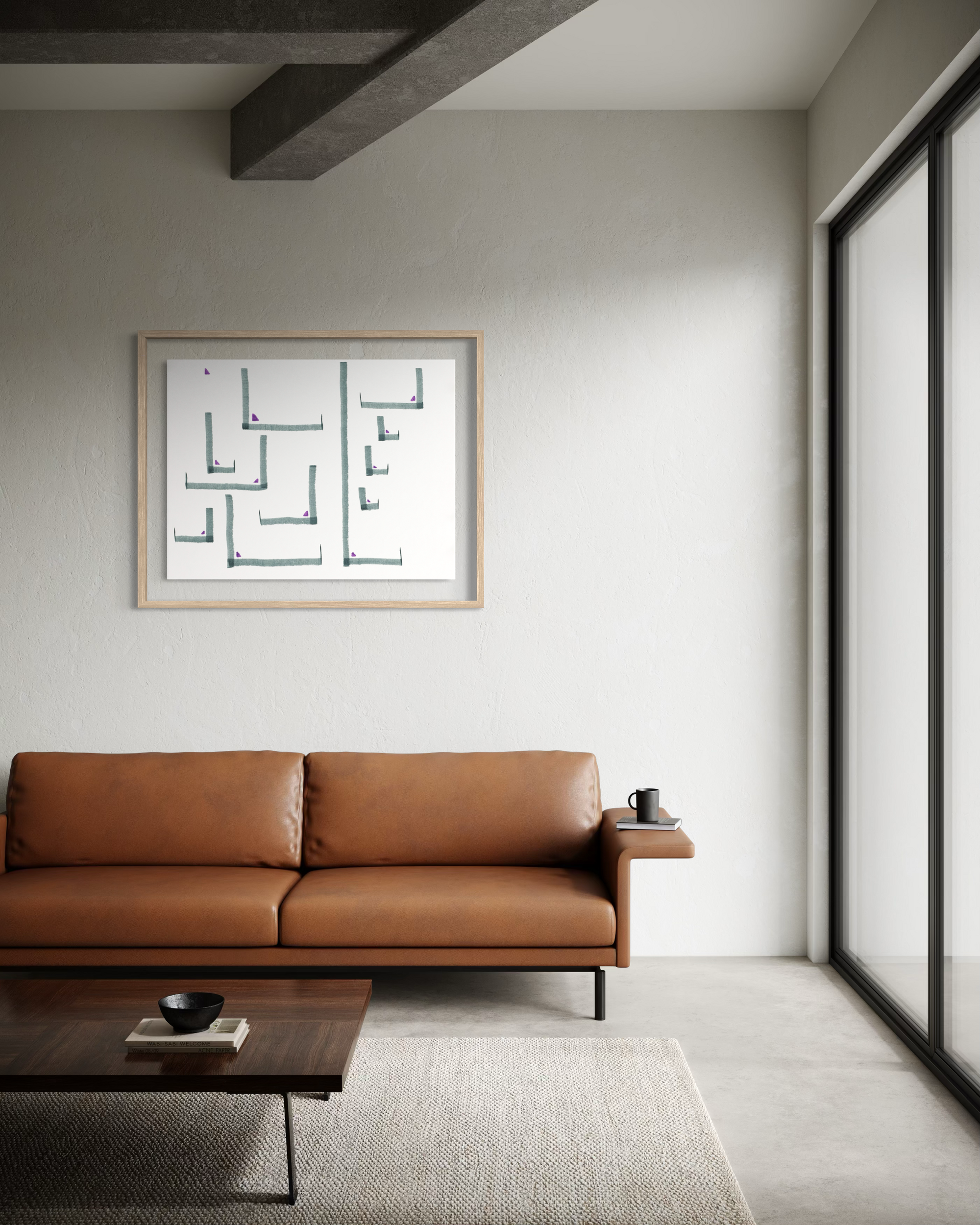 A modern living room scene featuring a mid-century style tan leather sofa with a side table, a dark wood coffee table, and a framed abstract geometric print on a textured off-white wall.