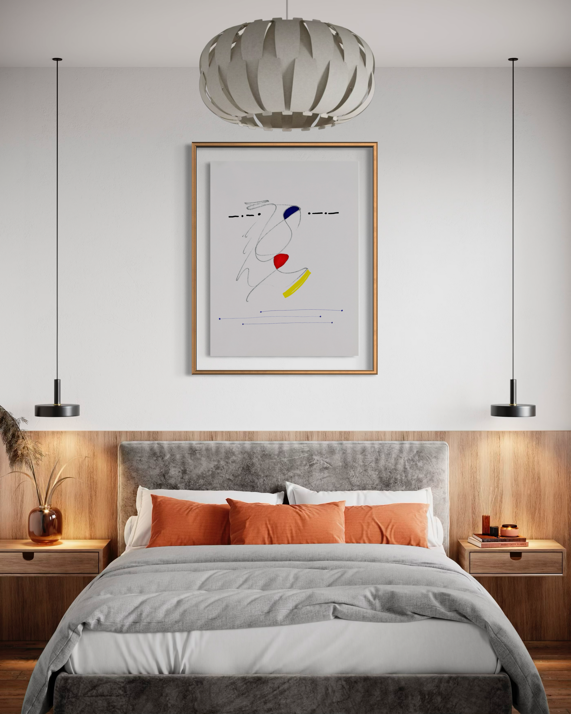 Modern bedroom with a bed, nightstands, and abstract art on the wall.