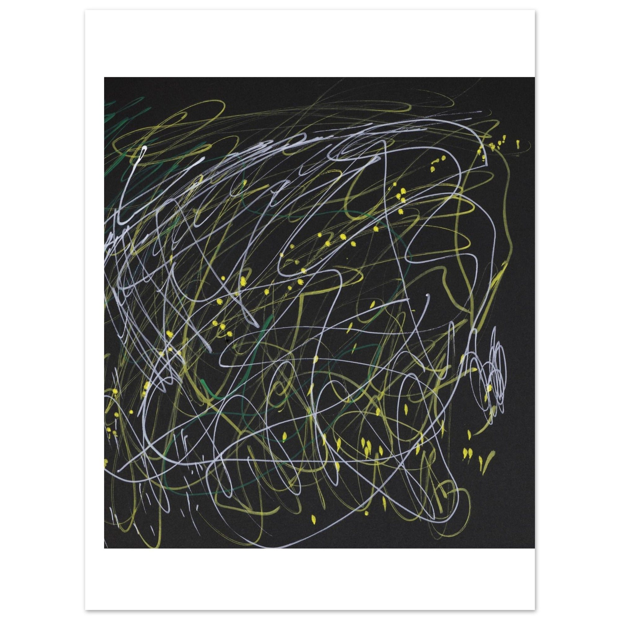 An abstract art print featuring chaotic, scribbled lines in white and lime green on a black background, presented with a wide white border.