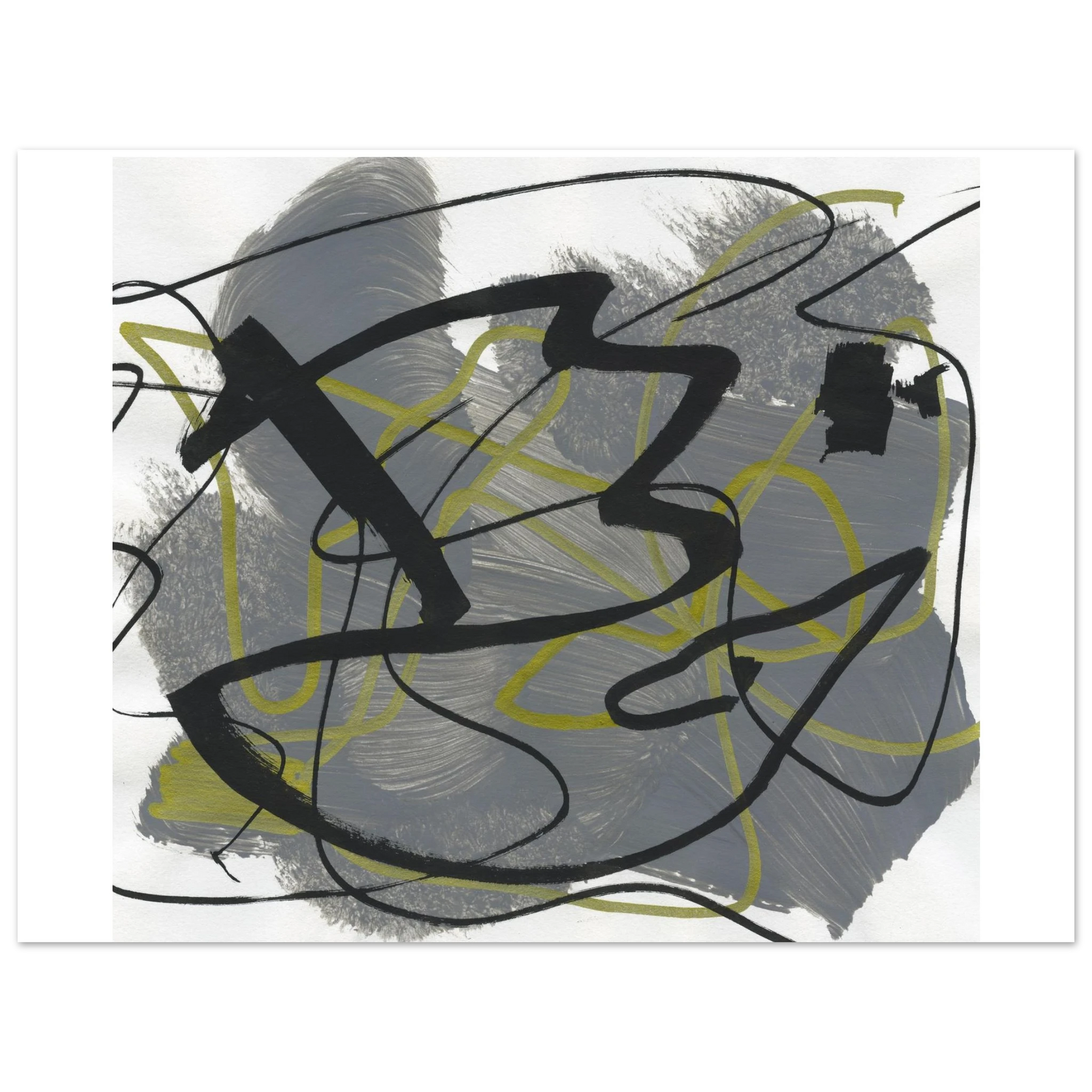 Abstract canvas art print featuring expressive black and olive green brushstrokes and scribbled lines over a textured gray and white background.