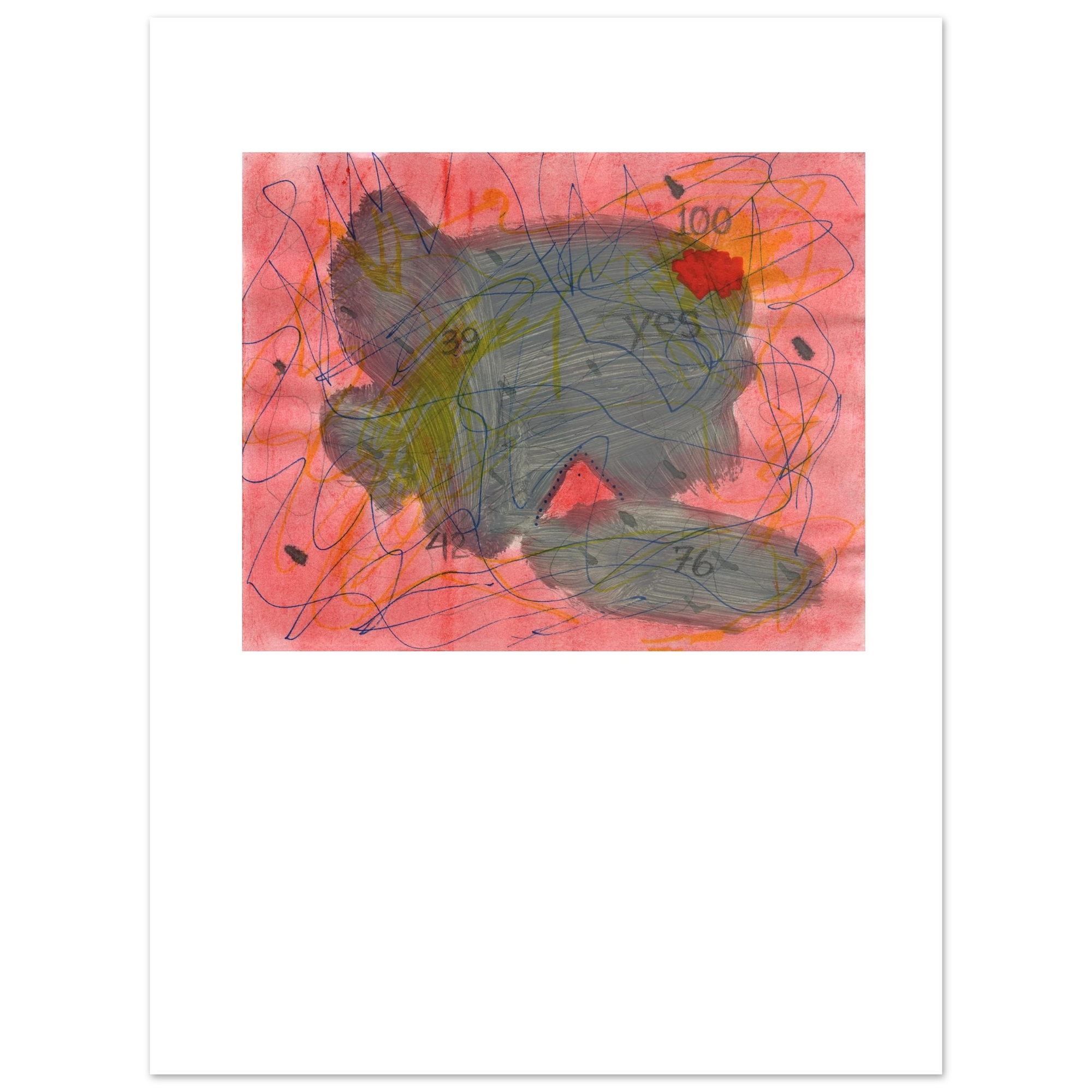 Grey and green abstract splotch against a coral background with line work scattered throughout.