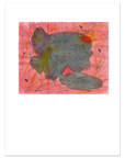 Grey and green abstract splotch against a coral background with line work scattered throughout.
