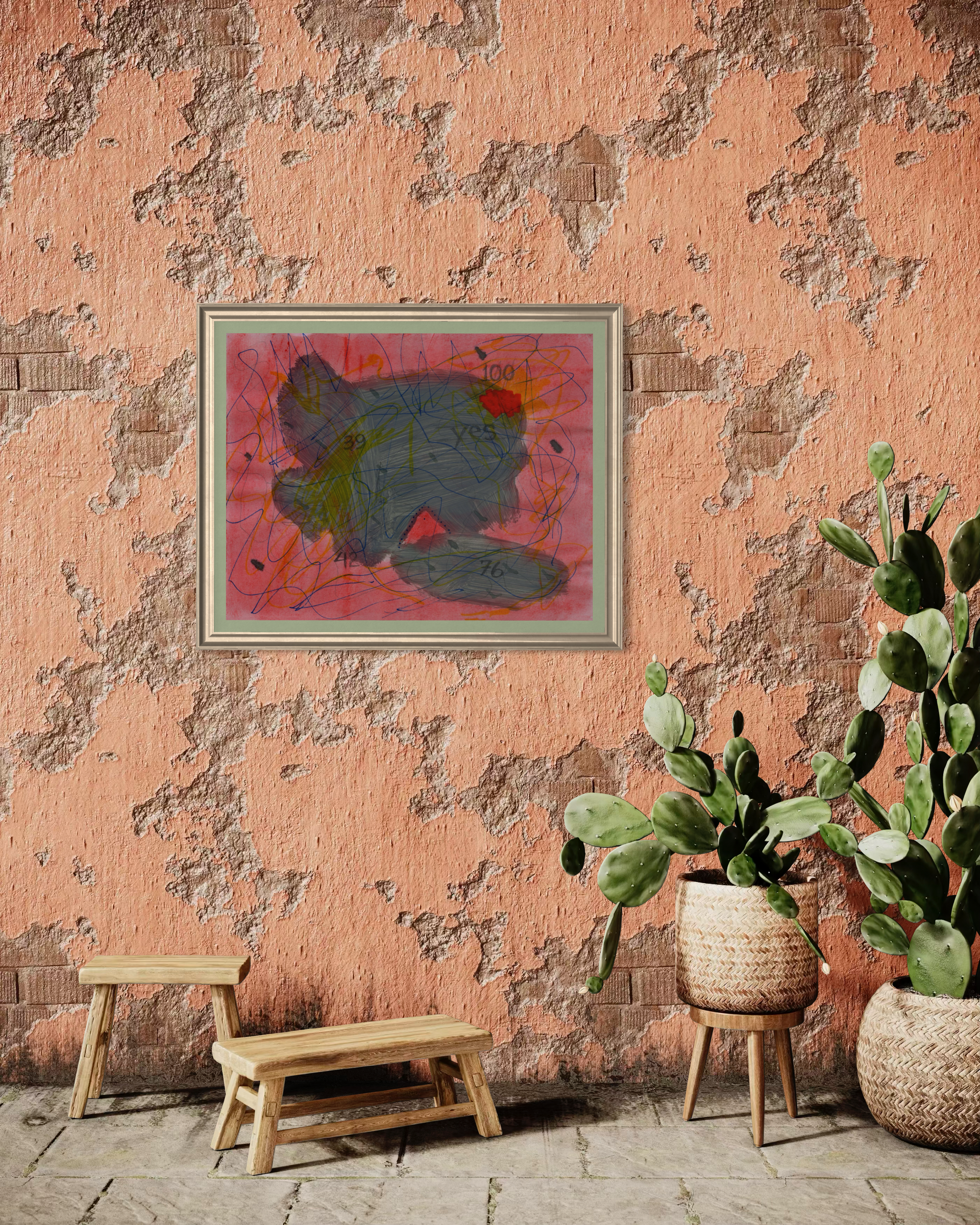 A Southwestern room with dark salmon colored walls with two benches, two cacti and an abstract painting on wall