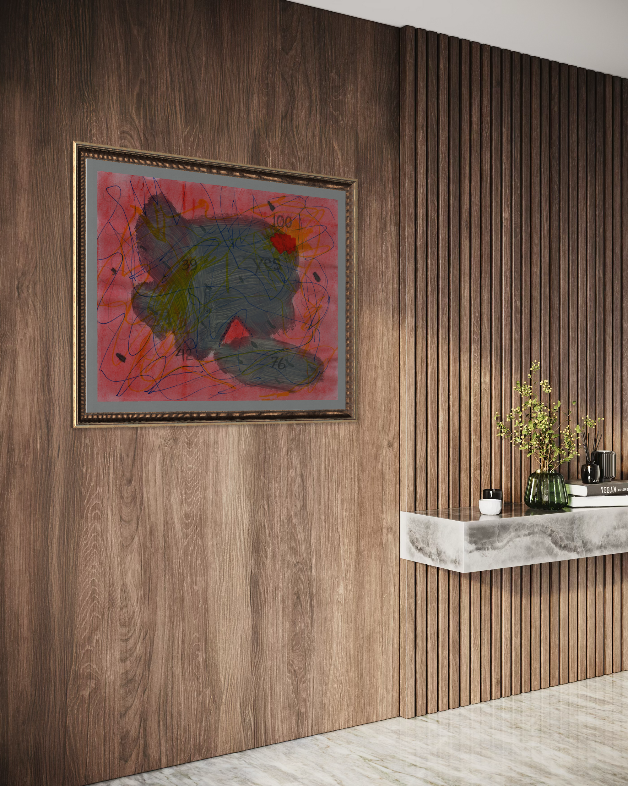 Paneled wood entryway featuring an abstract salmon colored painting and a shelf with books, greenery and candles.